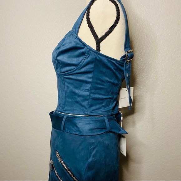 NEW Teal Suede 2 Piece Skirt and Crop Top Set - Picture 5 of 7